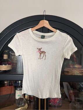 wild fable Cream Tee with Embroidered Fawn and Pink Bow